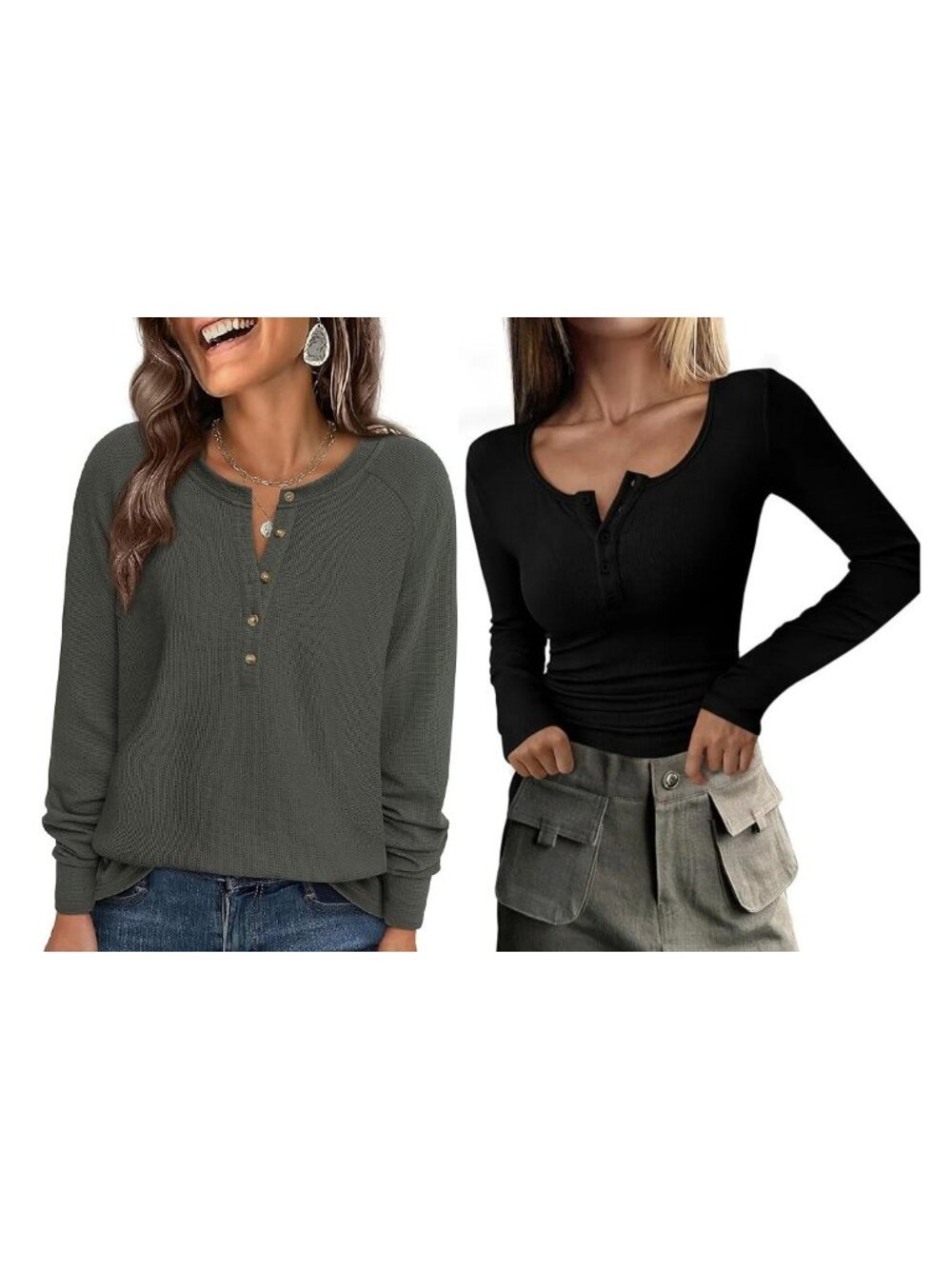 ✨ 2 PRETTYGARDEN Women's Long Sleeve Henley Slim Fit Top Large NWT